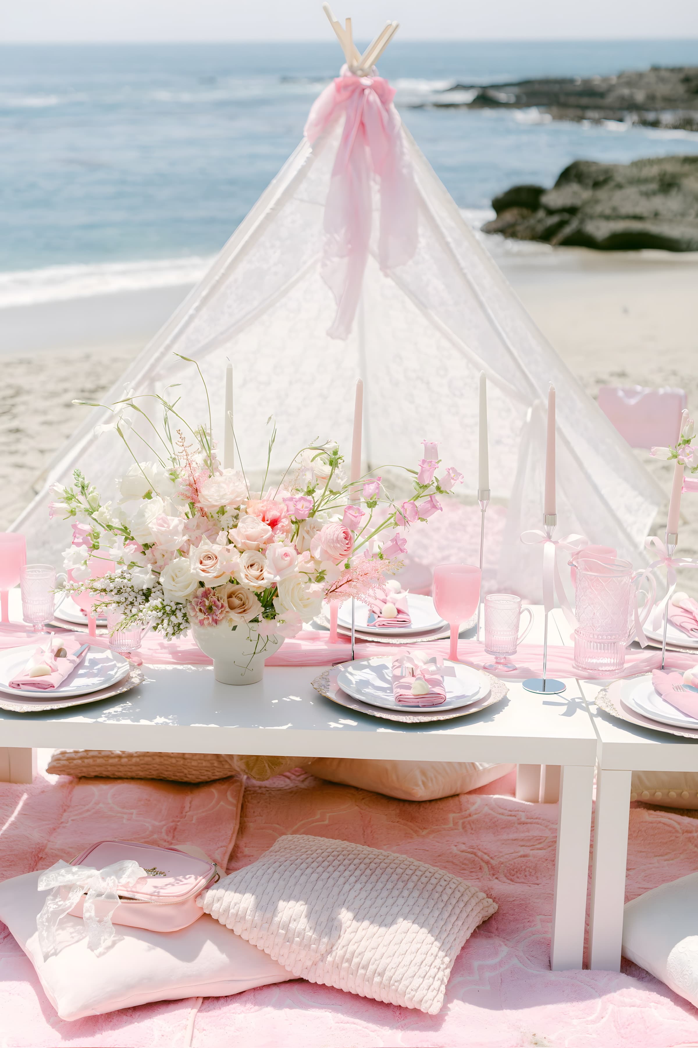 A pink lace teepee on the sand with a blush rose centerpiece and pink pressed-glass goblets, ocean behind