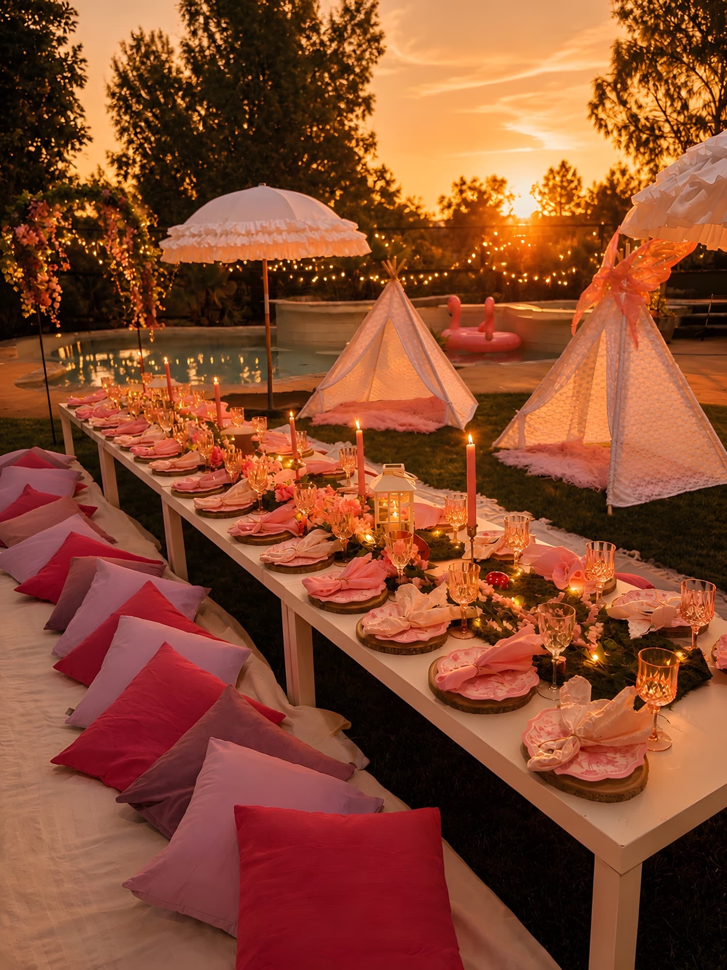 A long poolside picnic table at sunset with pink candles, gold-lit glassware and lace teepees, the sun flaring over the trees